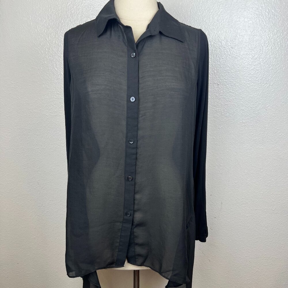 LOGO Lori Goldstein Tunic Button Up Black Sheer Asymmetric Hem Size‎ 10